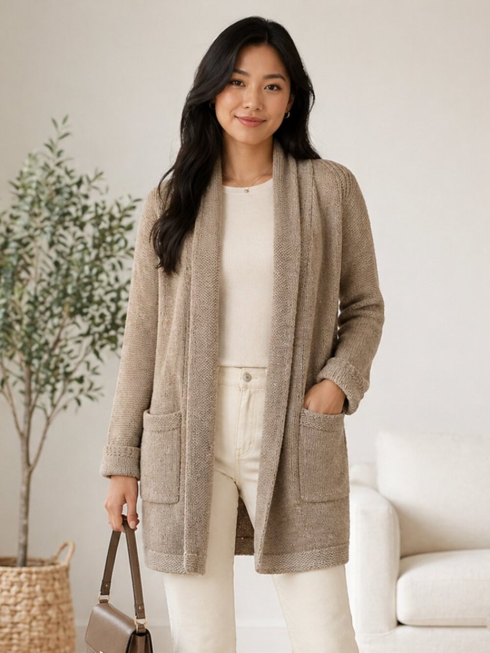 J Crew Long Cotton Wool Sweater Jacket Sz Small Brown Beige Open Front Knit Coat